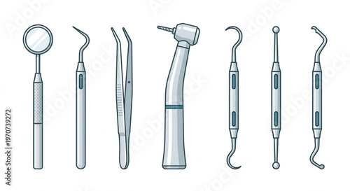 Set of Dentist Tools Icons with Dental Mirror and Drill Vector Illustration