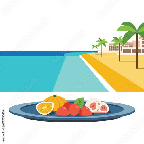 A plate of food on a table overlooking a beach