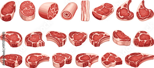 Various Cuts of Raw Meat and Beef Steaks Vector Illustrations for Food, Butcher Shops, and Cooking Designs