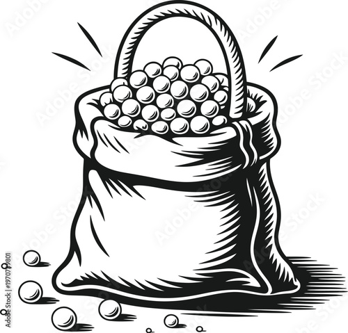 Full bag of marbles or round objects in a cartoonish style with black and white with hand drawn