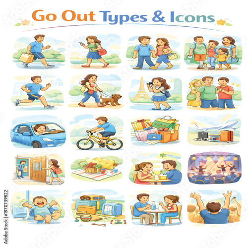 Go Out Type Icons Set, Exit and Departure Symbols Collection, Leave and Outdoor Action Line Icons, Movement Vector Pack
