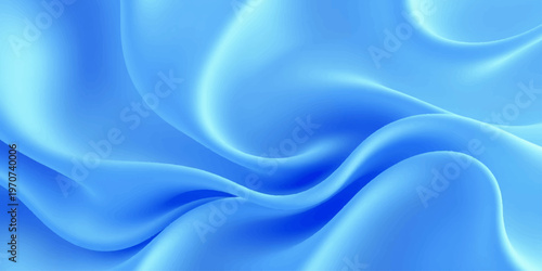 A flowing blue silk and satin background features soft wavy textures and liquid motion in a digital art wallpaper design with light swirls across the fabric backdrop