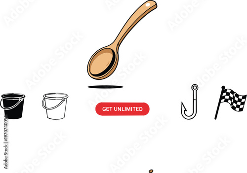 Household and Utility Vector Set with Wooden Spoon, Buckets, Fishing Hook, and Flag Icons for Kitchen and Outdoor Designs