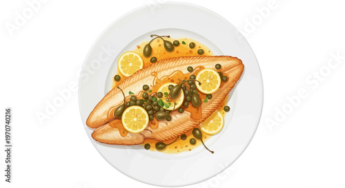 Elegant sole fillet in butter sauce with lemon and capers, served on a plate