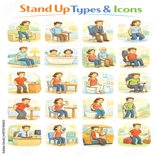 Stand Up Type Icons Set, Rising and Upright Action Symbols Collection, Human Movement and Standing Pose Line Icons, Body Position Vector Pack