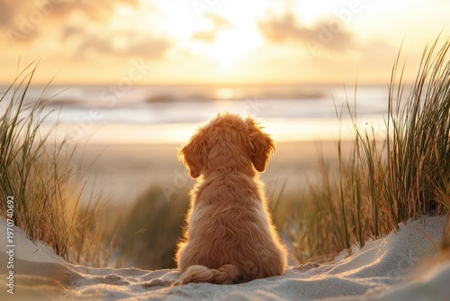 A fluffy dog sits on sandy dunes, gazing at a glowing sunset over the ocean, framed by tall grasses swaying gently in the breeze.