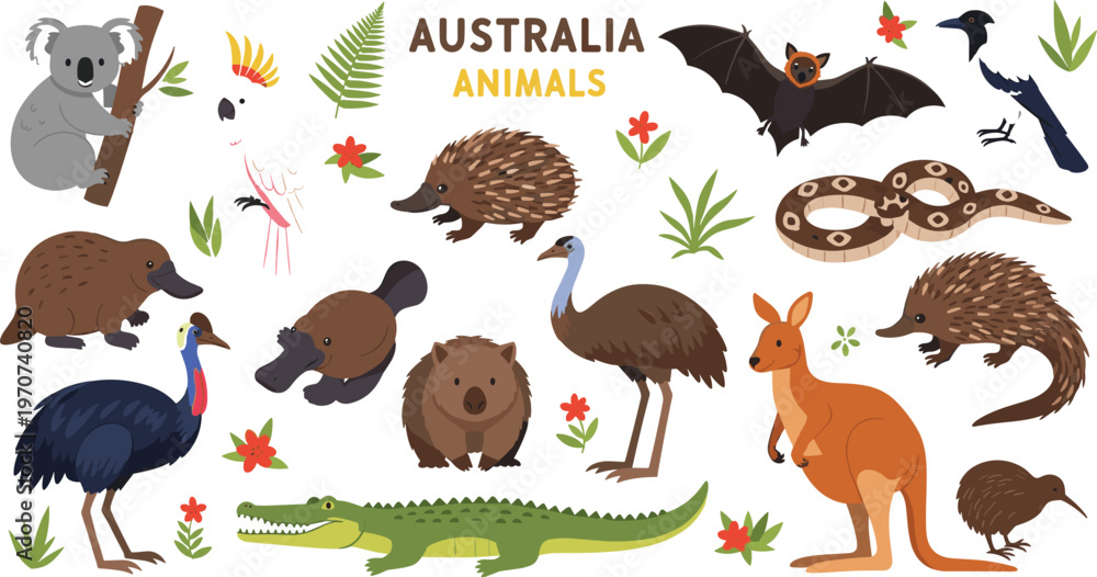 Obraz premium Illustration Set of Australian Animals Including Koala, Kangaroo, Crocodile, and More for Wildlife, Nature, and Travel Designs