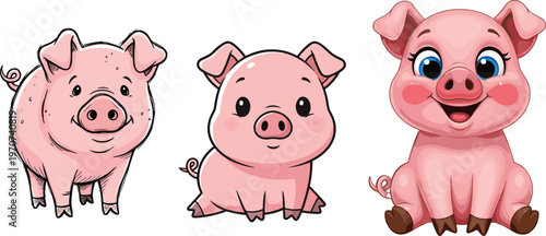 Cute Cartoon Pig Characters Set with Different Styles, Funny Expressions, Adorable Farm Animal Mascots, and Playful Pink Piglets Vector Illustration