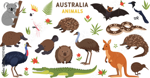 Illustration Set of Australian Animals Including Koala, Kangaroo, Crocodile, and More for Wildlife, Nature, and Travel Designs