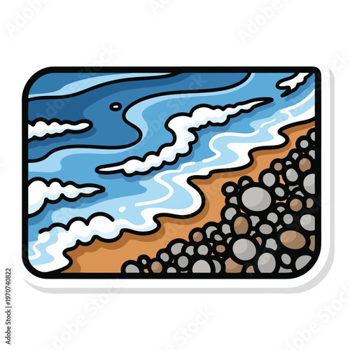 A serene seascape with waves crashing on a rocky shoreline