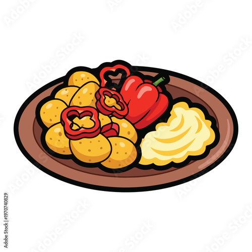A plate of food with potatoes, peppers and dip