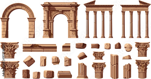 Illustration Set of Ancient Roman Architecture with Columns, Arches, and Ruins for Historical, Architectural, and Cultural Designs