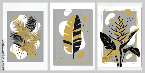 Modern Abstract Botanical Wall Art Set with Gold, Black and Grey Leaves