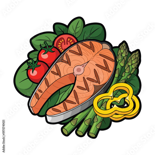 A plate of grilled salmon with vegetables