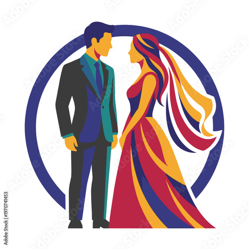Fashion forward wedding couple rendered in saturated geometric color blocks with a sweeping multitone veil, styled as a modern bridal emblem for event branding, invitations, or luxury romance editoria