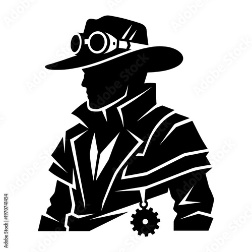 Shadowy steampunk detective silhouette in a wide brim hat and brass goggles, cut as a noir style emblem for mystery brands, retro logos, alternate history posters, or secret agent graphics