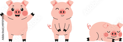 Cute Cartoon Pig Characters Set with Happy, Standing, and Sleeping Poses, Adorable Pink Piglets, and Funny Farm Animal Vector Illustration