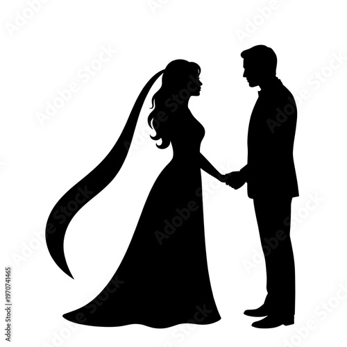 Minimal bridal silhouette of a couple holding hands in quiet profile, shaped with flowing veil and formalwear to suit wedding monograms, invitation suites, keepsake branding, or ceremony decor