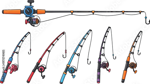 Illustration Set of Colorful Fishing Rods with Reels in Various Designs for Outdoor, Sports, and Adventure Designs