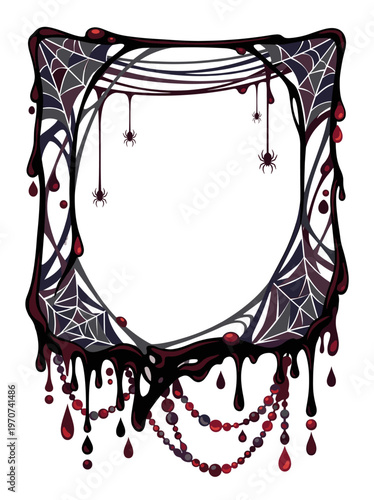 Blood darkened cobweb frame laced with hanging strands beads and dripping crimson creates a gothic shrine around an empty center for haunted vows midnight notes and macabre invitations
