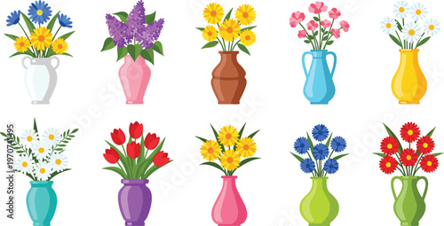 Illustration Set of Colorful Flower Bouquets in Decorative Vases for Floral, Spring, Home Decor, and Botanical Design Projects