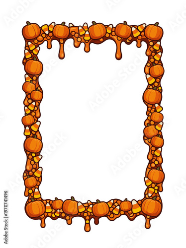 Sticky pumpkin and candy corn border dripping like molten syrup around an empty center shapes a playful Halloween frame for spooky invitations trick or treat cards and October decor