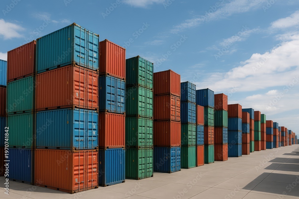 Fototapeta premium Industrial cargo storage yard featuring stacked metal shipping containers under clear blue sky, logistics terminal view, freight transport scene.