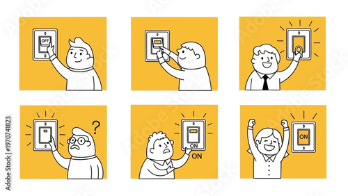 A series of illustrations showing a person interacting with a light switch, demonstrating the process of turning it on and off.
