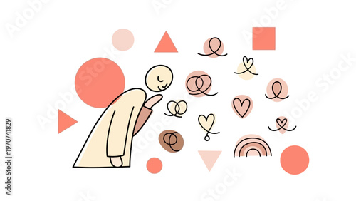 Abstract illustration of a person blowing various shapes and symbols.