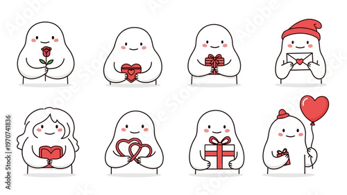 Adorable cartoon characters celebrating love and friendship with various gifts.