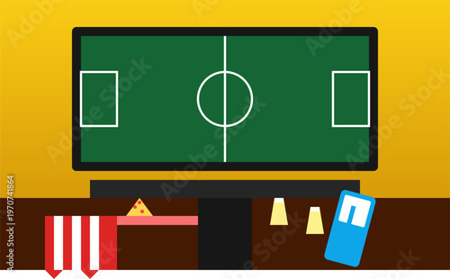 Hand-drawn soccer game viewing party setup on television with scarf snacks and phone on shelf simple authentic illustration