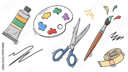 Art Supplies Collection Hand Drawn Style Creative Tools.