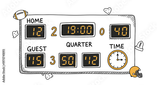 Doodle style american football scoreboard showing game time score and quarter
