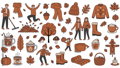 Autumn season collection with people, leaves, and cozy elements.