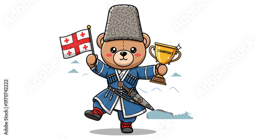 Cartoon bear in traditional georgian chokha costume holding georgian flag