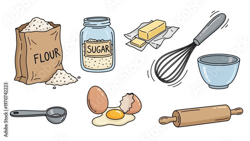 Baking Ingredients and Utensils for Homemade Treats.