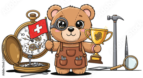 Teddy bear craftsman holding trophy magnifying glass pocket watch swiss flag tools