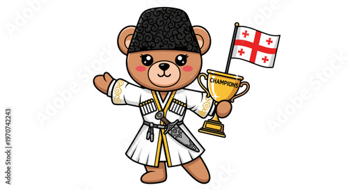 Cute cartoon bear wearing traditional georgian chokha holding trophy and flag