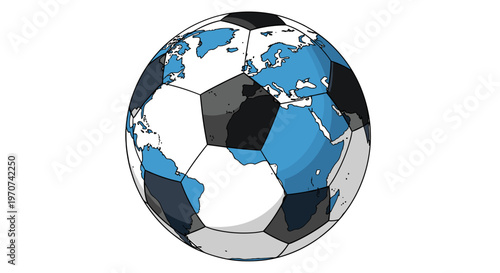 Soccer ball globe with continents mapped onto panels representing global sport