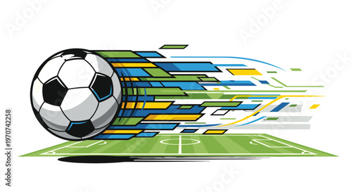 Dynamic soccer ball in motion with abstract colorful streaks over a green field