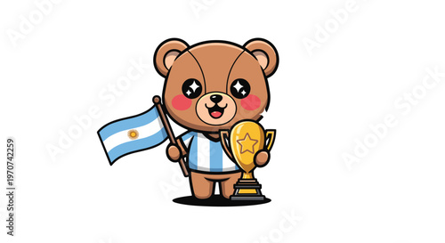 Cute cartoon bear holding argentinian flag and golden trophy celebrating victory