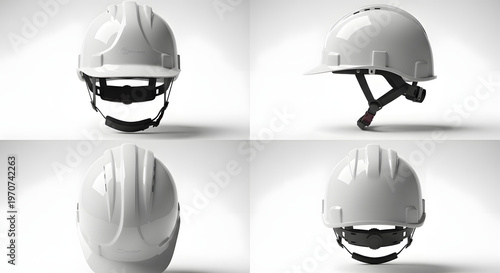 A white hard hat is shown from multiple angles on a white background