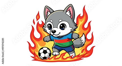 Cute cartoon wolf cub playing soccer on fire energetic and dynamic illustration