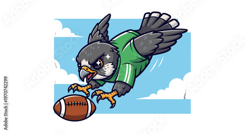 Energetic falcon in green jersey dives for american football cartoon style dynamic