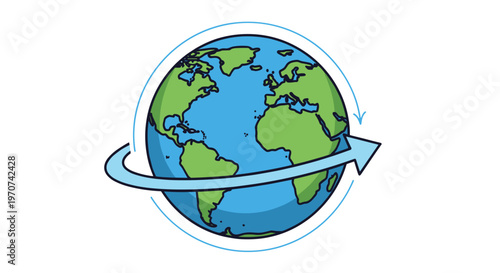 Stylized illustration of a rotating planet earth with a curved arrow indicating
