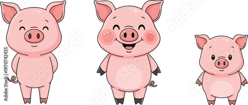 Cute Cartoon Pig Characters Vector Set with Happy Piglets in Different Poses for Kids Illustration, Farm Animal Design, and Nursery Clipart Collection