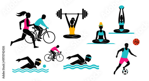 Diverse group of people engaged in various healthy sports and fitness activities