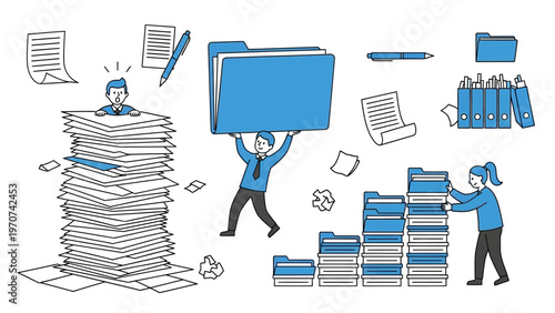 Business people overwhelmed by stacks of documents and files.