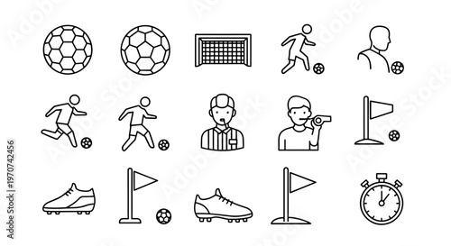 Collection of simple outline icons representing soccer game elements and actions
