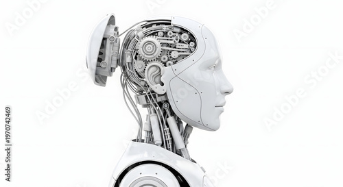 A futuristic robotic head with exposed mechanical components and circuitry on a white background